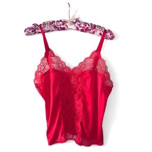 Vintage 80s Red‎ Satin Lace Cami Top Crop Large: Dark Academia Femme Fatale Top